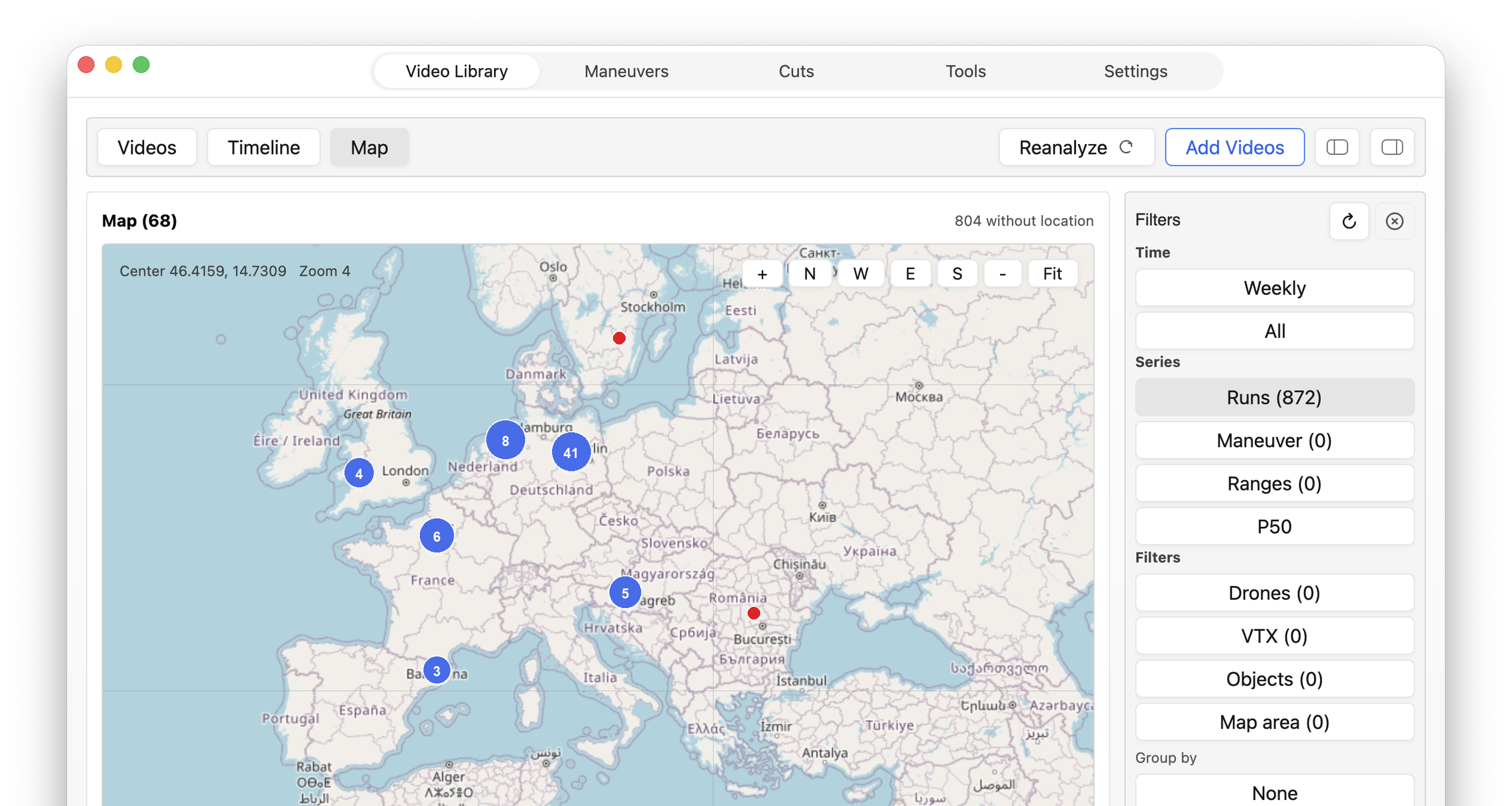 Flight Recall map screen showing clustered video locations